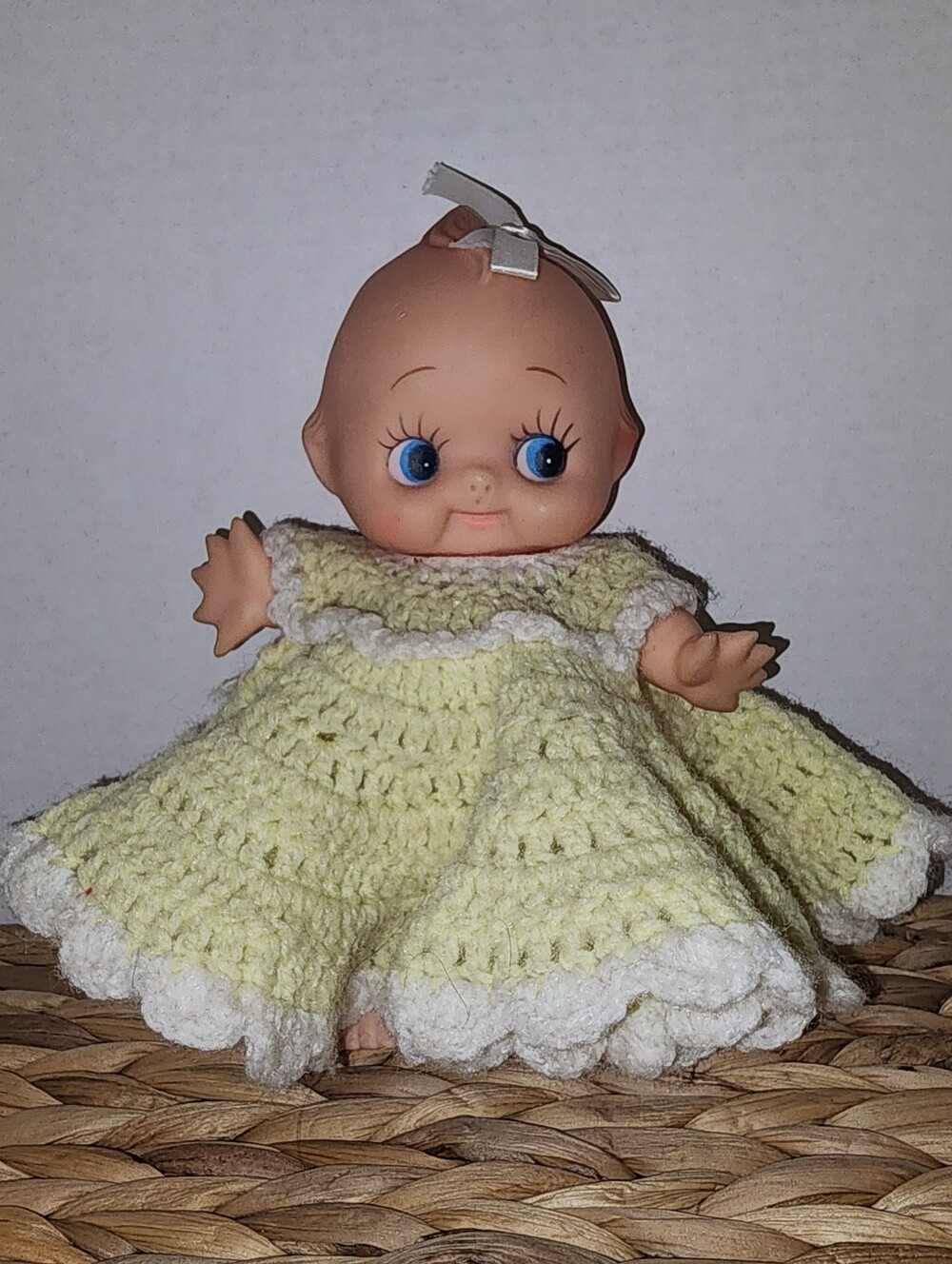 Vintage 1960s Kewpie Doll Yellow Hand Crochet Dress Ribbon Top Knot Rubber Baby